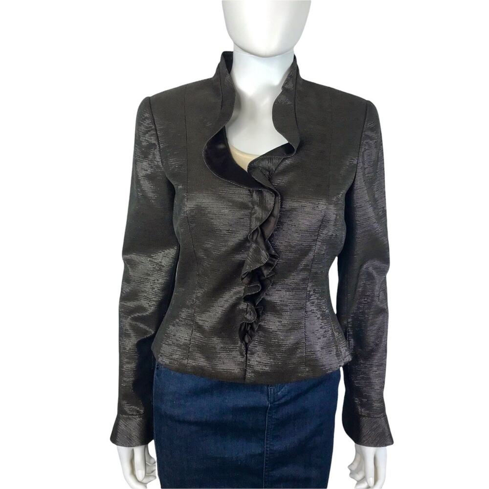 Carmen Marc Valvo Brown Blazer Metallic Sheen Ruffled Elegant Jacket